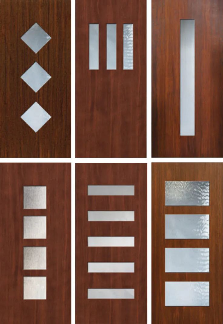 six different types of doors with glass inserts and metal strips on each door side