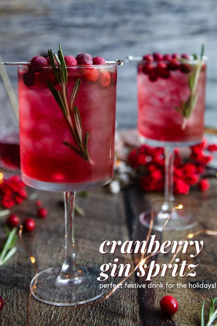 two glasses filled with cranberry gin sprits and garnished with rosemary