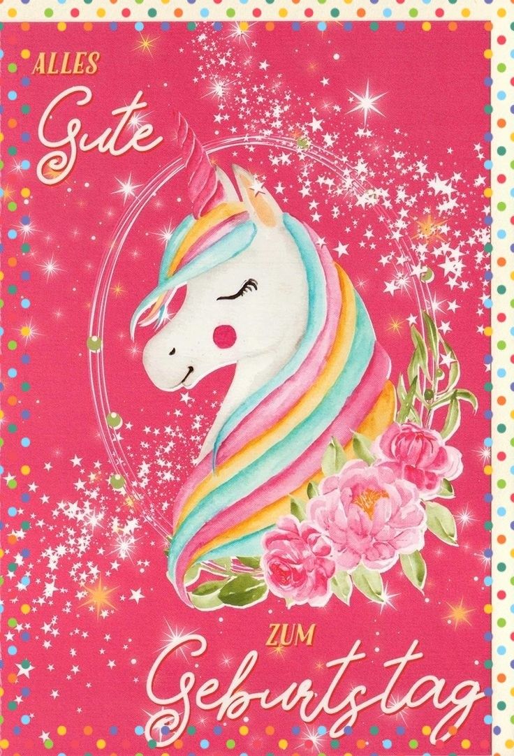 a pink card with an image of a rainbow unicorn and flowers on it's face