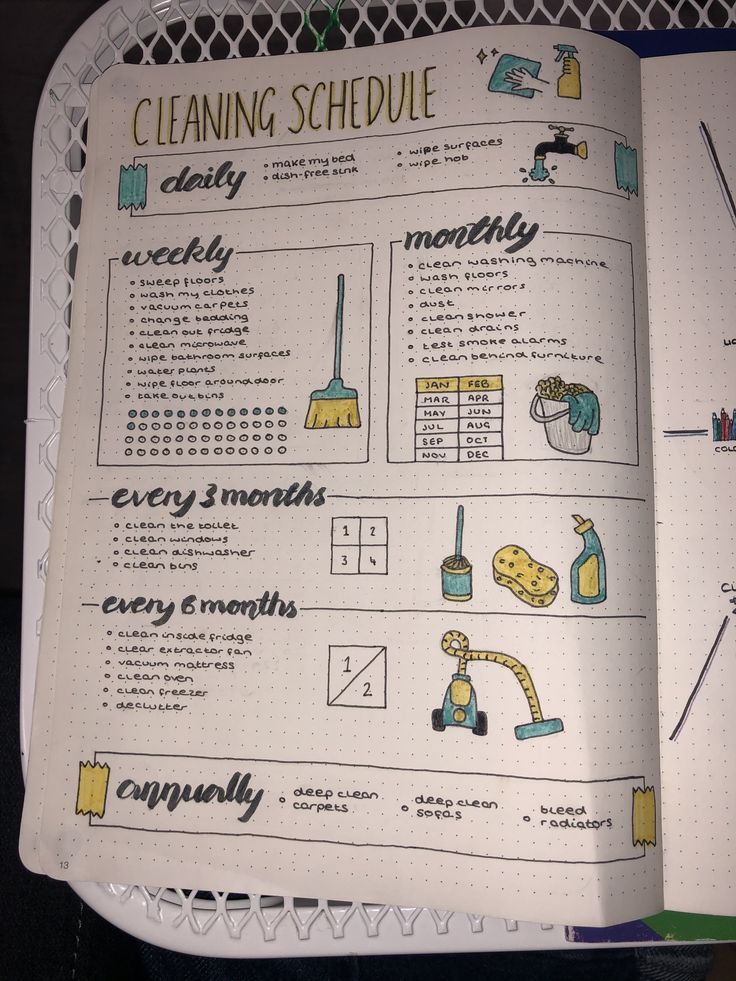 an open notebook with instructions on how to clean and use the cleaning schedule in it