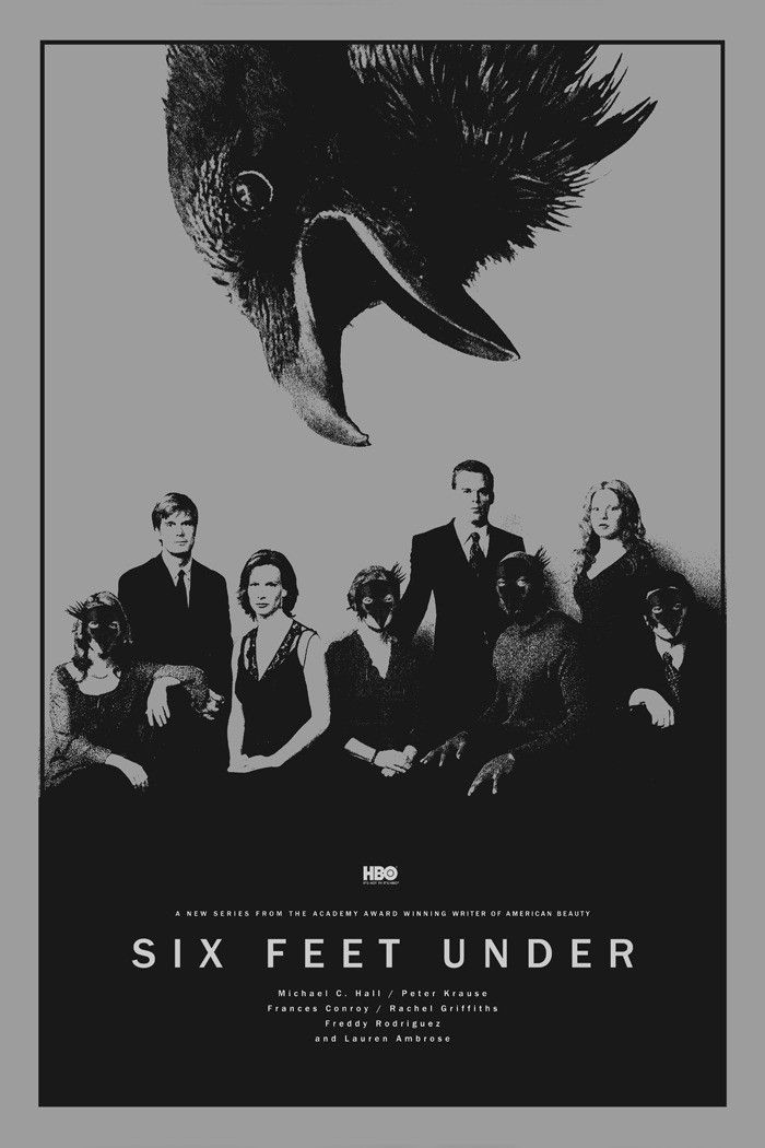 the poster for six feet under is shown in black and white, with an image of a