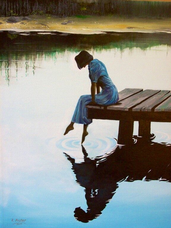 a painting of a person sitting on a dock in the water with their head down