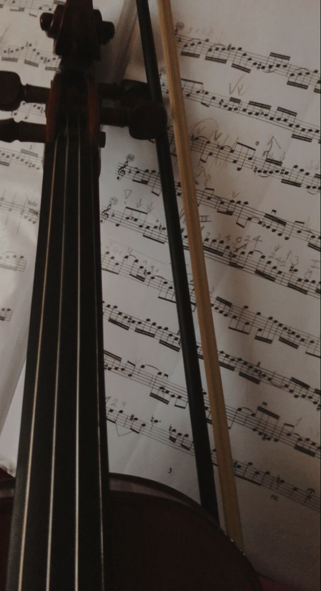 an old violin with music sheets in the background