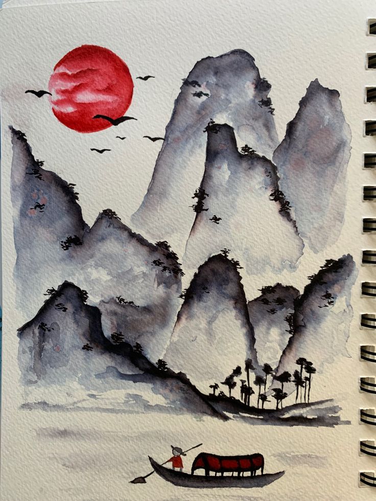 a drawing of a boat on the water with mountains in the background and a red sun