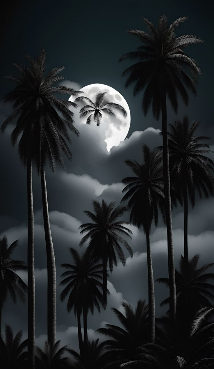 palm trees and the moon are shown in this black and white photo with dark clouds