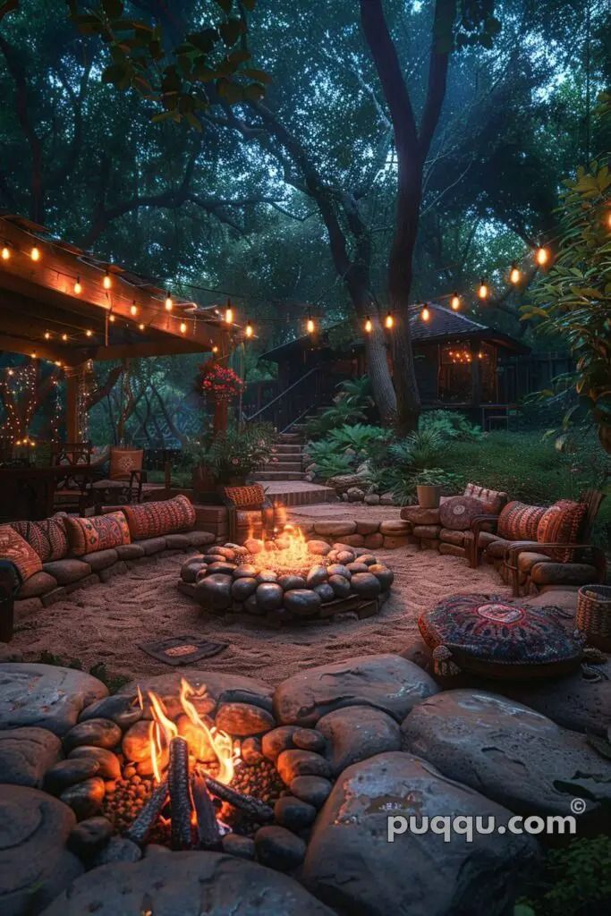 an outdoor fire pit surrounded by rocks and lights