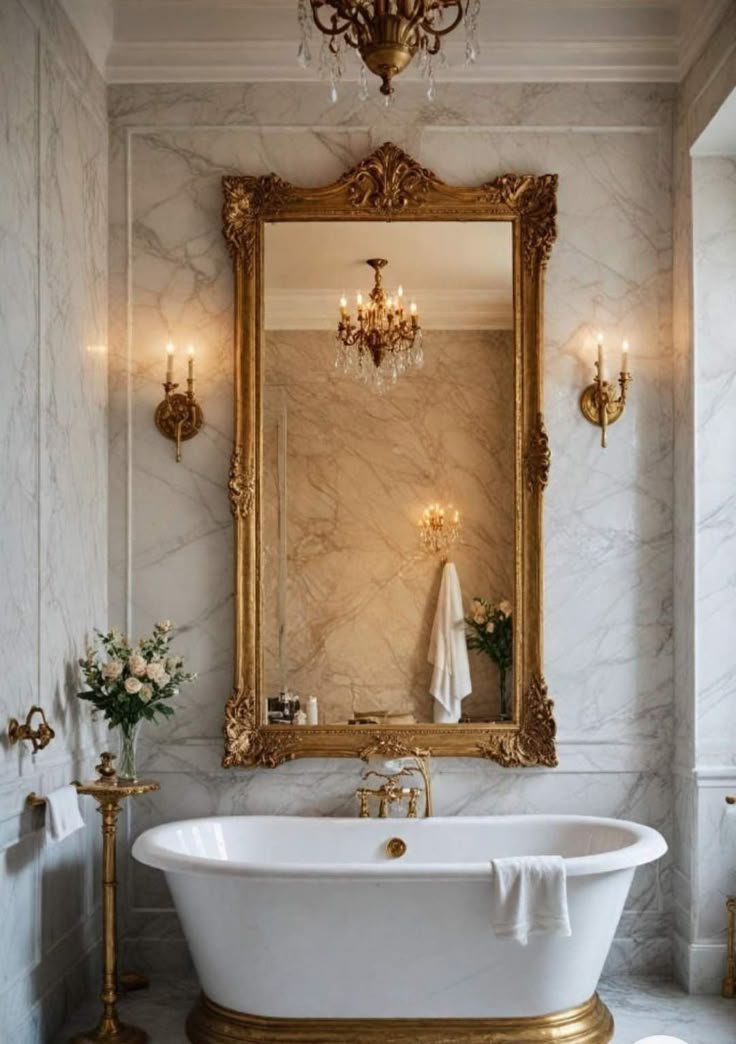 a white bath tub sitting under a large mirror in a bathroom next to a chandelier