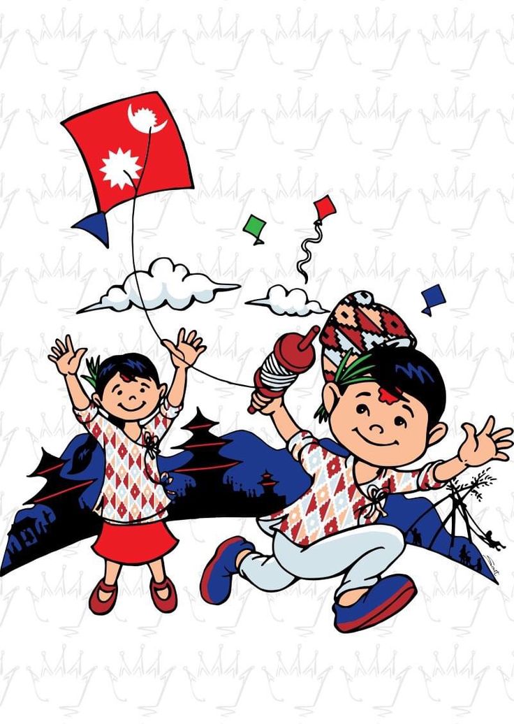 two children flying kites in the sky with their hands up and one holding a flag