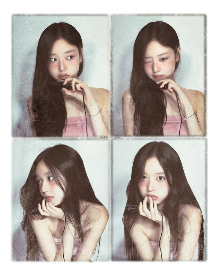 four pictures of a woman with long hair brushing her teeth and looking at the camera