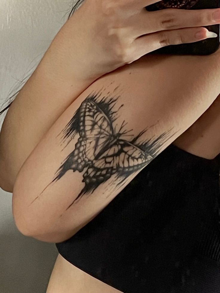 Gothic butterfly tattoo Sick Butterfly Tattoo, Colorful Gothic Tattoo, Spike Butterfly Tattoo, Butterfly With Torn Wing Tattoo, Glitch Butterfly Tattoo, Emo Butterfly Tattoos, Dripping Butterfly Tattoo, Scary Butterfly Tattoo, Psychadelic Tattoo Ideas