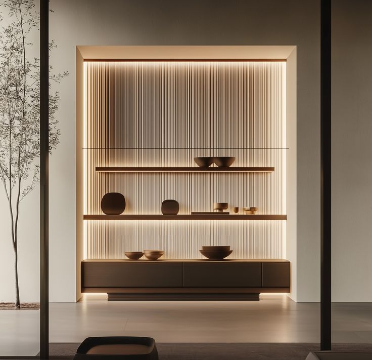 a shelf with bowls and plates on it in front of a wall that is lit up