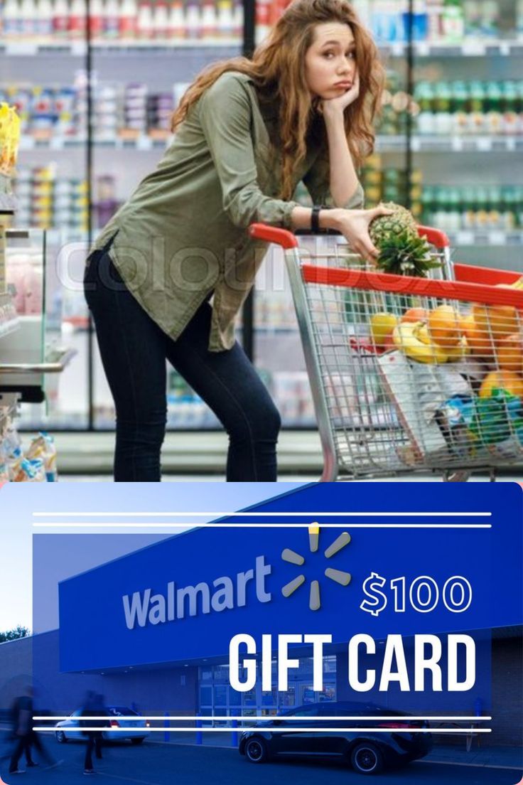 a woman pushing a shopping cart with a walmart $ 100 gift card in it