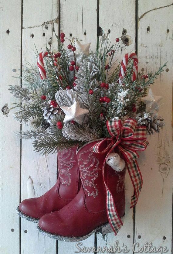 a pair of boots with christmas decorations on them