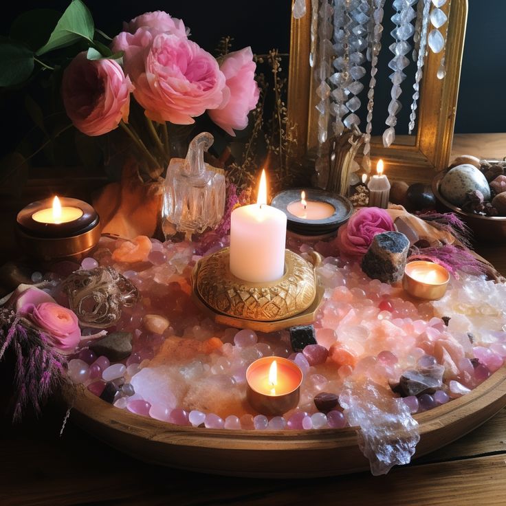 a table topped with lots of candles and rocks