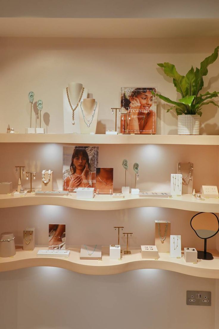 the shelves are filled with jewelry and vases on display in front of a plant