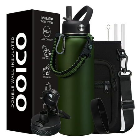 a green water bottle next to a black bag and an electronic device in front of it