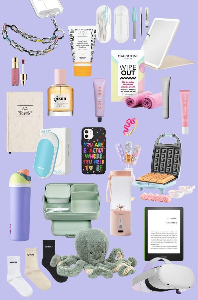 an assortment of items are arranged on a purple background