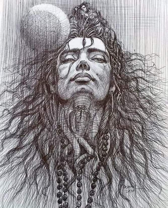 a drawing of a woman with long hair and beads on her head, looking up at the sky