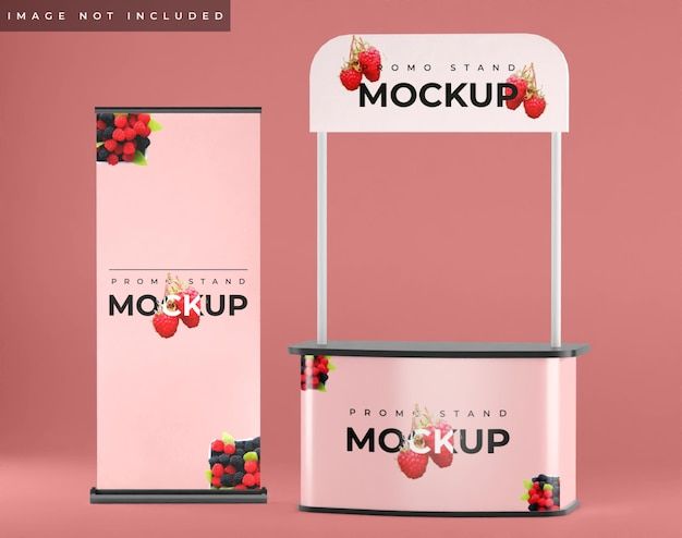 a mock up for a stand with fruit on it and the words mockup next to it