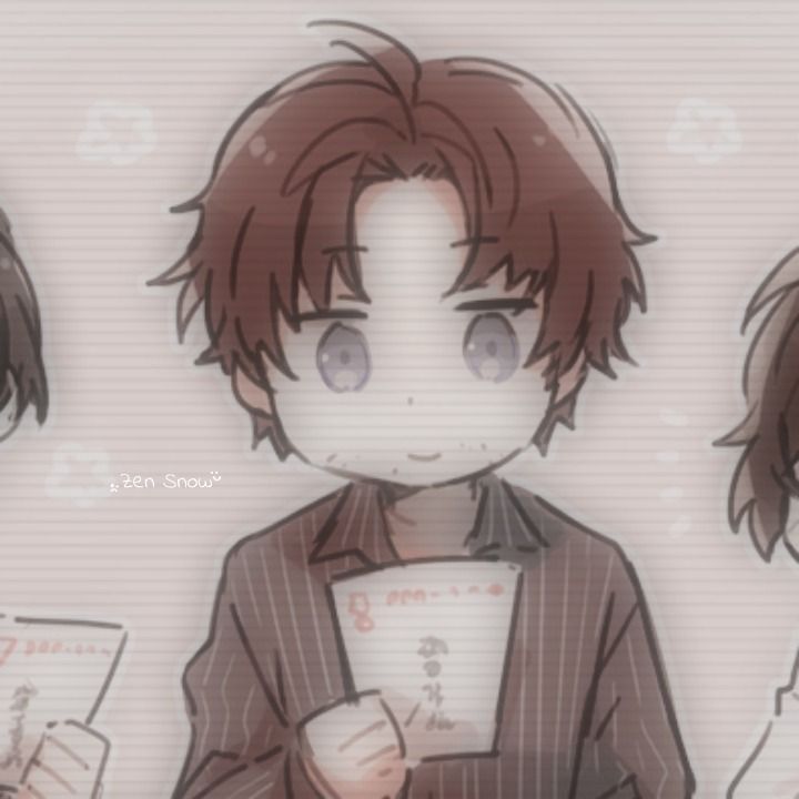 three anime characters with brown hair and black eyes, one holding a piece of paper