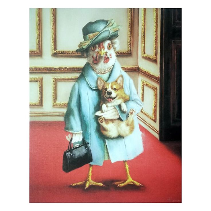 a painting of a dog dressed as a clown holding a purse