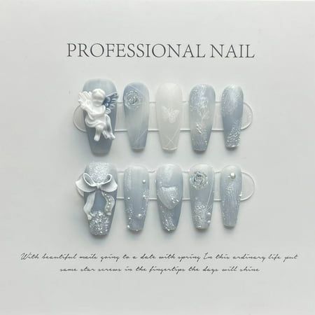 Frozen Angel Fantasy Press-On Nails Embark on a journey of enchantment with our Frozen Angel Fantasy Press-On Nails, where the ethereal beauty of winter meets a whimsical fantasy. These nails are meticulously crafted to capture the essence of a frost-kissed wonderland, offering a magical touch to your manicure. Design and Quality: Indulge in the icy elegance of our Frozen Angel Fantasy Press-On Nails, adorned with shimmering shades of blues, silvers, and whites that mimic the sparkle of freshly Press On Nails From Walmart, Winter Fake Nails, Christmas Nails Winter Wonderland, Winter Nails With Charms, Snow Inspired Nails, Nail Press On, Melanie Martinez Nails K-12, Clear White Nails, Icy Nails Winter