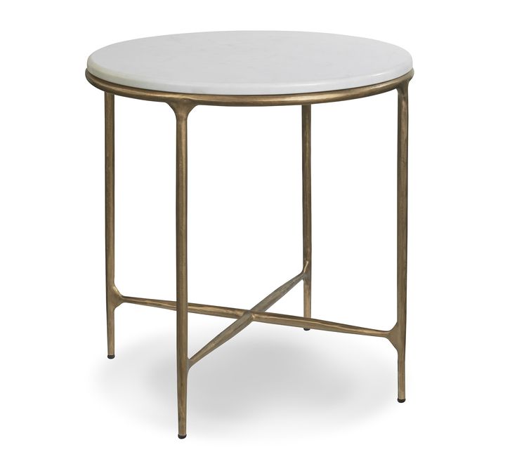 a white marble top side table with gold metal frame legs and an oval shaped base