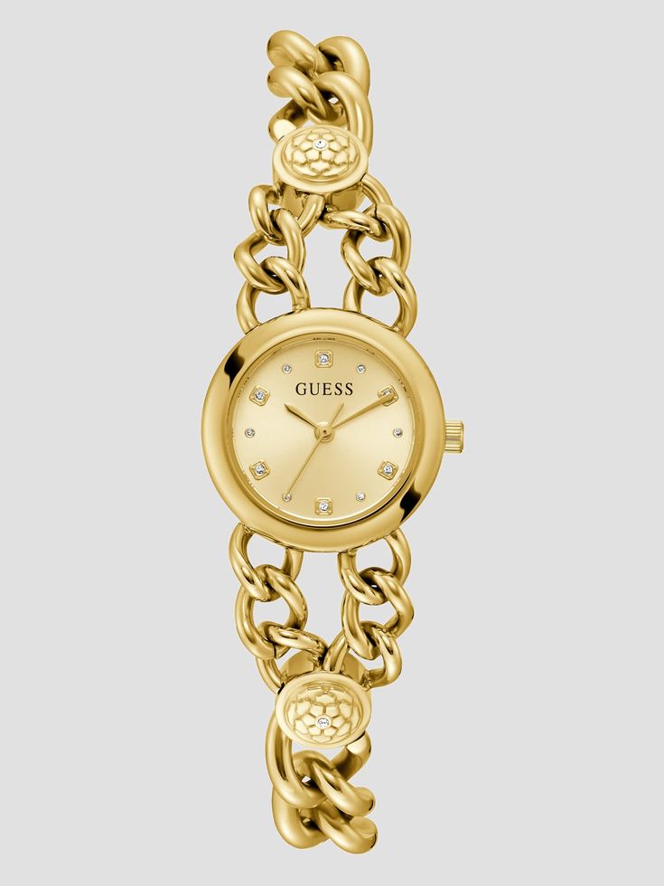 Gold-tone analog watch Minimalist dial with crystals Polished braided metal chain Abstract floral detailing Recycled steel Deployment buckle closure Case diameter in mm: 25 Water resistant up to 30 m/ 100 ft 2 year limited warranty Timeless Metal Watch With Chain Detail, Timeless Metal Watch With Chain, Timeless Metal Chain Watch, Timeless Metal Chain Watches, Watch Minimalist, Analog Watch, Abstract Floral, Metal Chain, Vintage Watches