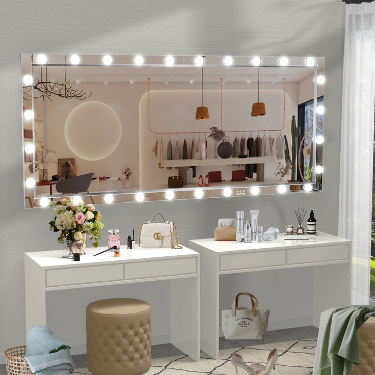 a white vanity with lights on it and a mirror in the corner behind it that has two stools