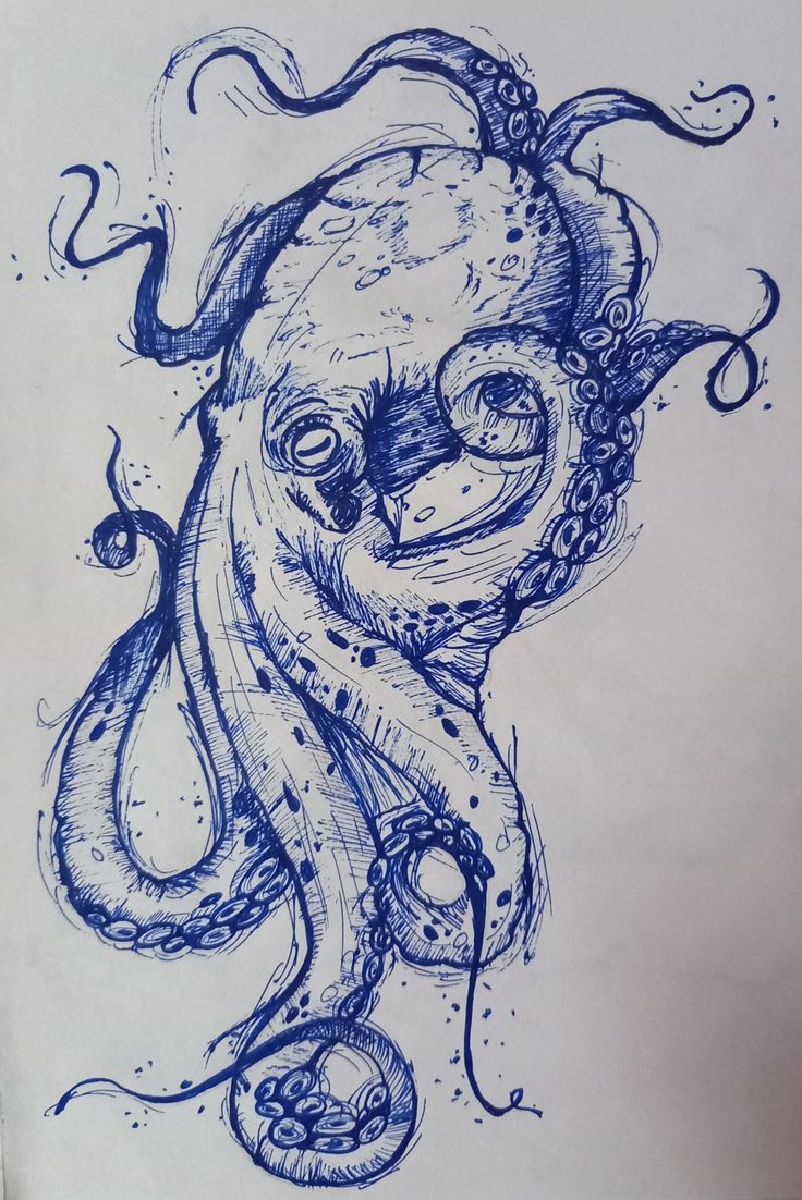 a drawing of an octopus in blue ink with bubbles on it's head and eyes