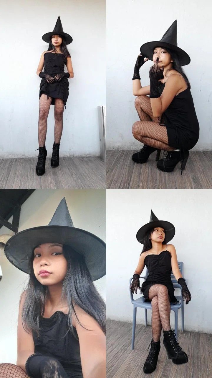 four pictures of a woman wearing witches hats and sitting on a chair with her legs crossed