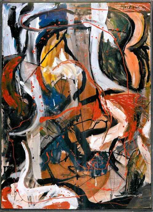 an abstract painting with various colors and shapes