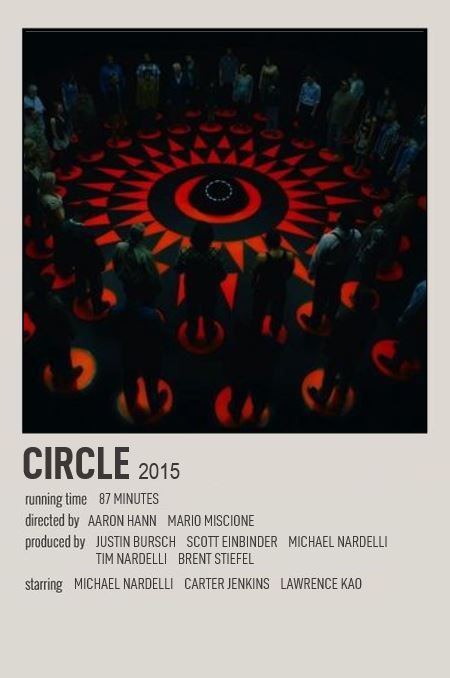 the poster for circle shows people standing in front of a red and black circular