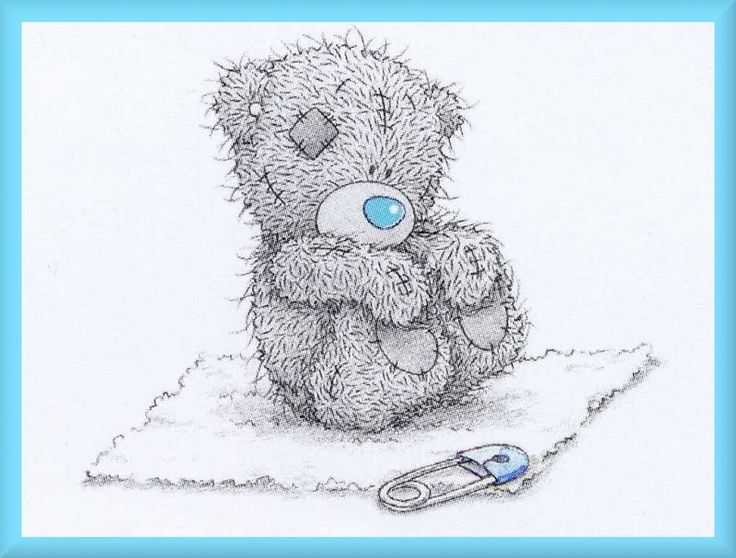 a drawing of a teddy bear sitting on the ground with a pair of scissors in front of it