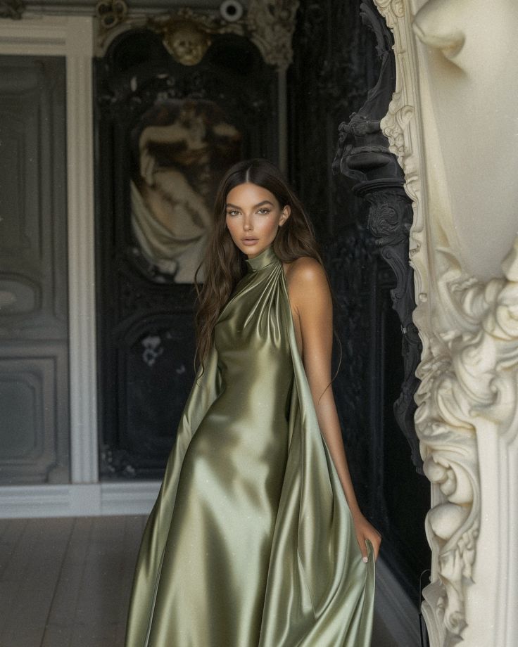 a woman in a long green dress posing for the camera with her hand on her hip