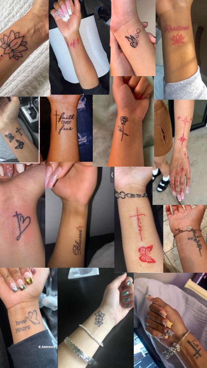 many different pictures of people with tattoos on their arms and legs, all showing the names