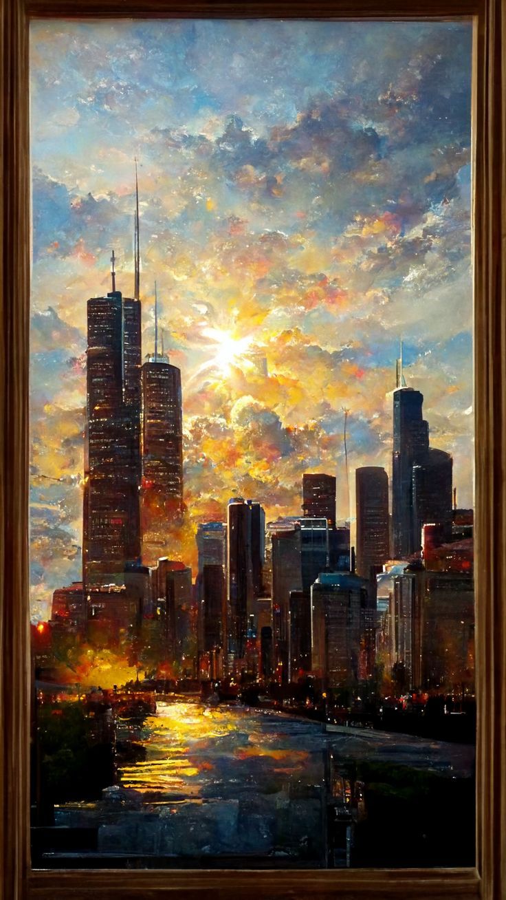 a painting of a city skyline at sunset