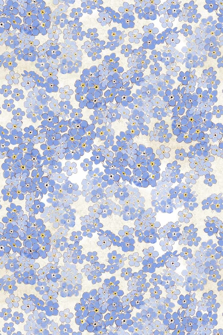 blue flowers on white background with small yellow dots in the center and bottom half of the image