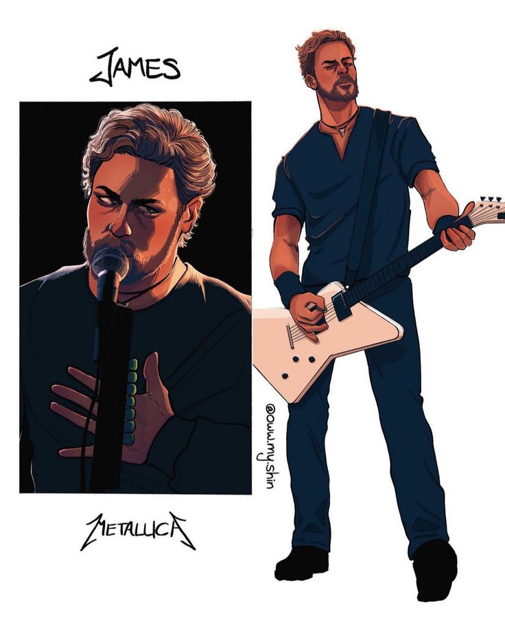 a drawing of a man holding a guitar and singing into a microphone with the caption james