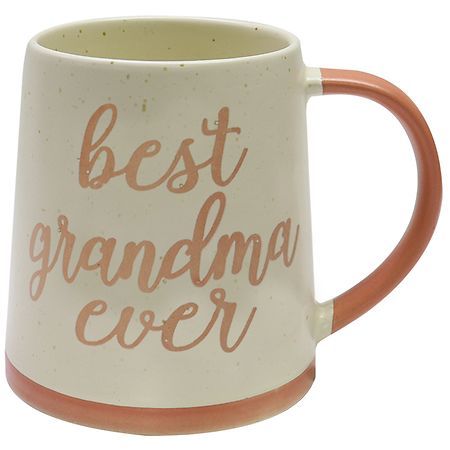 a white and orange coffee mug with the words best grandma ever on it's side