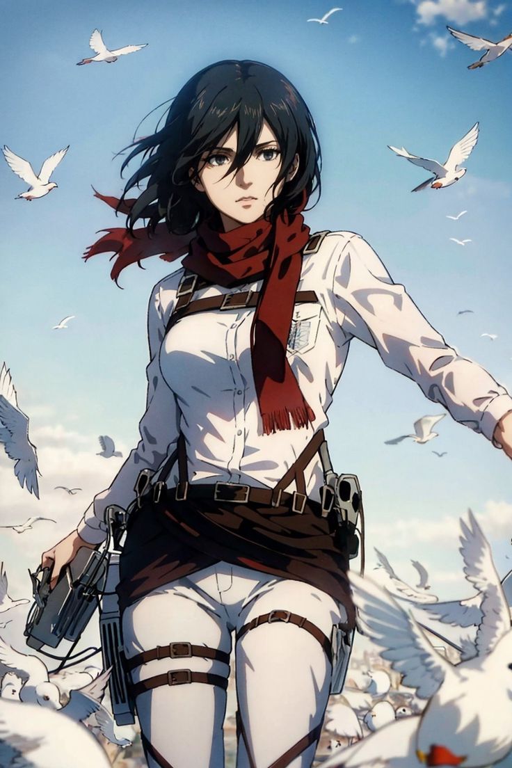 an anime character is standing in the snow with her arms outstretched and two birds flying overhead