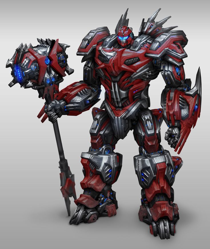 a robot that is holding a stick in his hand and wearing red, silver and blue armor