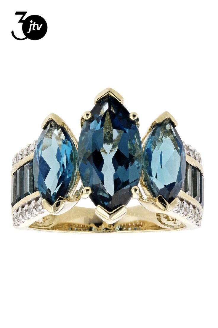 2.85ct 14x7mm and 2.20ctw 10x5mm marquise with 1.00ctw baguette London blue topaz and 0.32ctw round white zircon, 10k yellow gold ring. Measures approximately 9/16"L X 1/8"W." Accent stones primarily zircon. Blue Topaz Jewelry, Baguette Ring, December Birthstone, Yellow Gold Ring, London Blue Topaz, Blue Topaz Ring, London Blue, Topaz Ring, 10k Gold