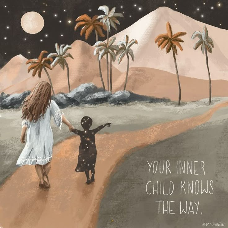 two children are walking down a path with palm trees in the background and a quote written on it