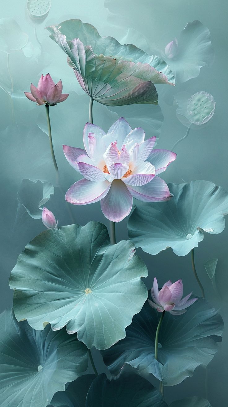 pink flowers and leaves floating in the water