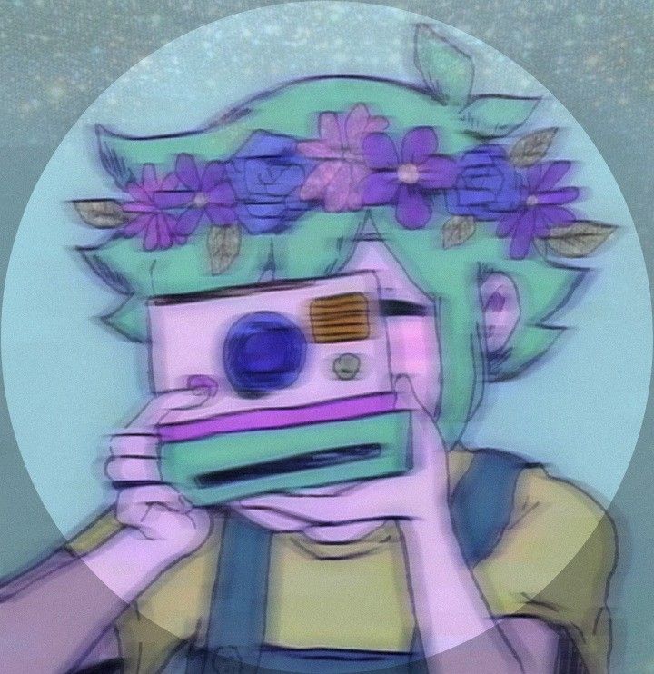 a drawing of a person holding a camera with flowers on it's head and looking through the lens