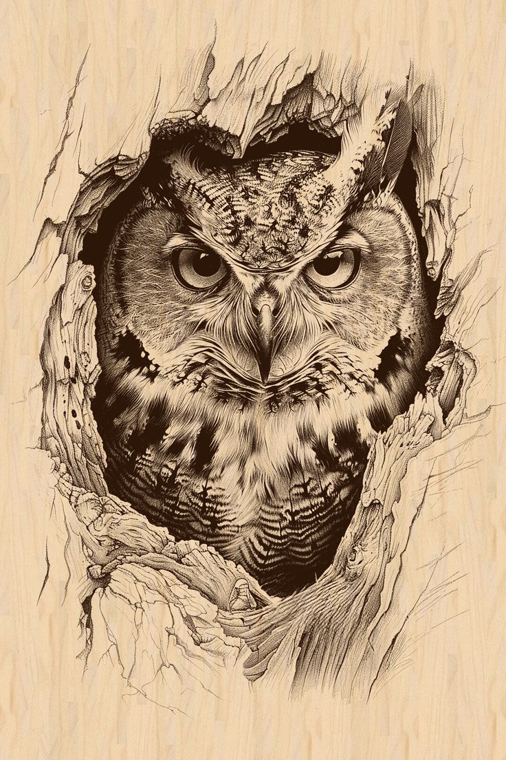 an owl is shown through a hole in the wood grained paper that has been drawn on