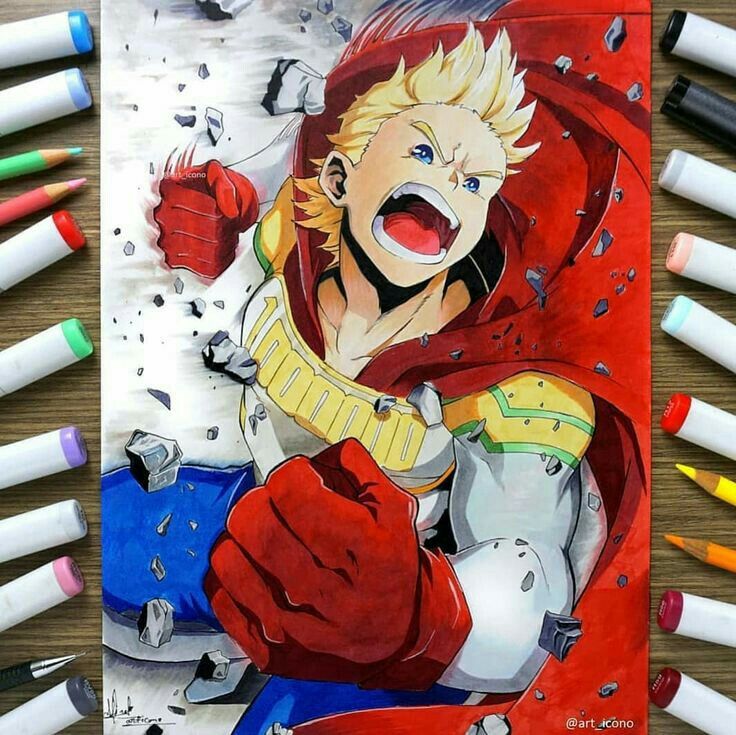 a drawing of an anime character with his mouth open, surrounded by crayons