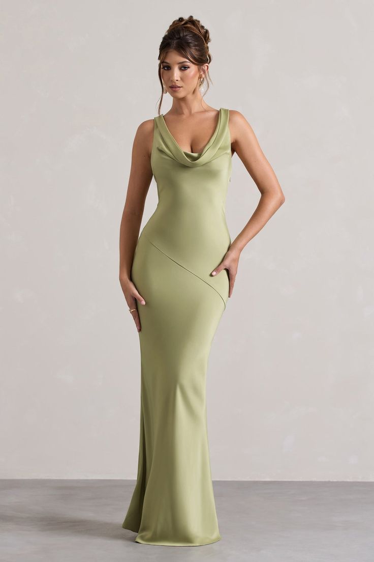 Alesso | Light Olive Satin Cowl-Neck Maxi Dress Plunge Neck Dress, Club L London, Fall Wedding Guest Dress, Olive Green Dresses, Black Dress Prom, Black Tie Gala, Green Bridesmaid, Irish Wedding, Cowl Neck Dress