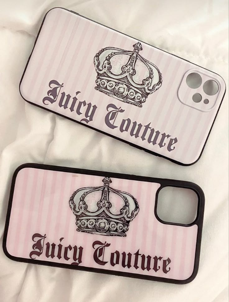 two iphone cases with the same name on them, one has a crown and the other says juicy couture